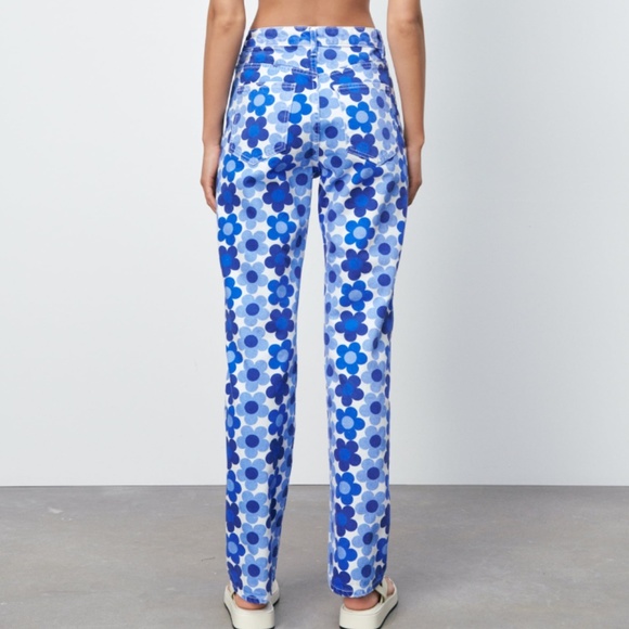 Zara Blue Floral Printed Straight Leg Jeans NWT - Picture 8 of 13